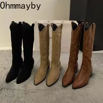 модные женские ковбойские сапоги модные квадратные низкие каблуки женские элегантные длинные ботинки без застежек зимняя заостренный носок женская обувь 35 чёрный