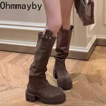 Модные женские ковбойские сапоги на толстом каблуке с платформой в стиле вестерн, модные замшевые длинные сапоги для рыцарей, женские туфли без застежек на осень-зиму 36 коричневый