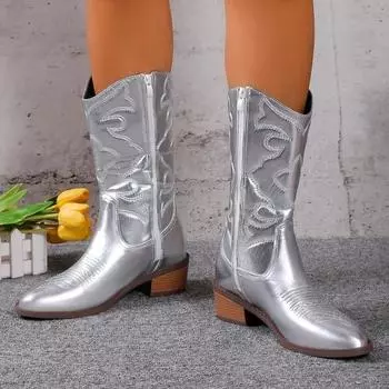Модные женские ковбойские сапоги с вышитым острым носком, толстые каблуки, женская обувь до щиколотки, горячая распродажа 2024 года, ковбойские сапоги с серебряными кисточками в западном стиле 36 чёрный