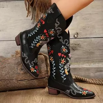 Модные женские ковбойские сапоги с вышивкой, с острым носком и квадратным каблуком, до середины голени, женские вышитые сапоги из искусственной кожи 35 чёрный