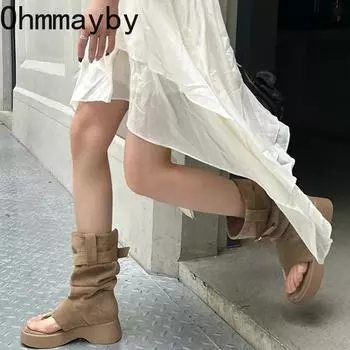 модные женские ковбойские сапоги в стиле вестерн, модные длинные ботинки с застежкой-молнией, элегантные женские туфли на платформе и каблуке, удобная женская обувь 35 хаки