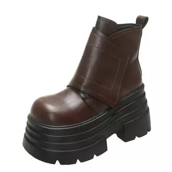 Модные женские кожаные ботильоны 10 см, осенне-зимние кроссовки на толстом каблуке, короткие мотоциклетные ботинки на высокой платформе с молнией 2025 года, женские ботинки 34 чёрный