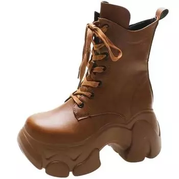 Модные женские кожаные ботильоны 2024 года, новые осенние кроссовки на платформе 8 см, зимние коричневые толстые мотоциклетные ботинки на шнуровке Botas Mujer 34 коричневый