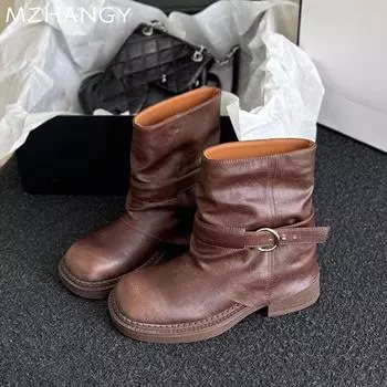 Модные женские кожаные ботильоны Модные туфли на каблуках 2024 года Новые ретро-ботинки челси Прогулочные брендовые зимние гладиаторские удобные женские ботинки 35 чёрный