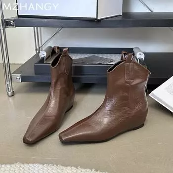 модные женские кожаные ботильоны с острым носком на плоской подошве женские 2025 трендовые модные зимние ботинки челси новые зимние готические брендовые женские ботинки 35 чёрный