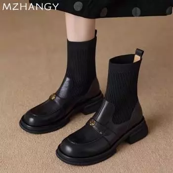 Модные женские кожаные ботильоны вязаные массивные туфли женские 2025 трендовые зимние туфли на низком каблуке модные платья для ходьбы зимние ботинки Mujer Botas 35 чёрный