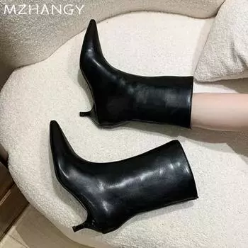 модные женские кожаные ботинки челси с острым носком, сексуальные туфли на каблуках, средняя длина голени, 2024, новые зимние ботинки на низком каблуке, готическая мода, женские ботинки 35 чёрный