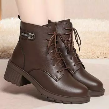 Модные женские кожаные короткие сапоги 2024 года, зимние шерстяные сапоги плюс бархатная толстая подошва, толстый каблук, женские мотоциклетные сапоги, размер 35-40, каблук 5 см 35 чёрный