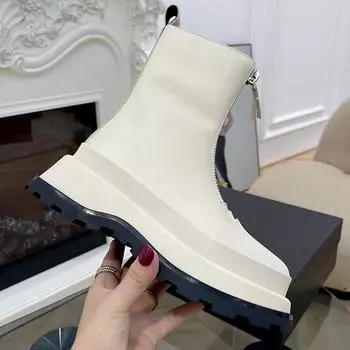 Модные женские кожаные повседневные туфли на плоской подошве с застежкой-молнией спереди и круглым носком, толстая подошва с усиленным нескользящим покрытием, однотонные повседневные женские ботинки 35-40 35 белый