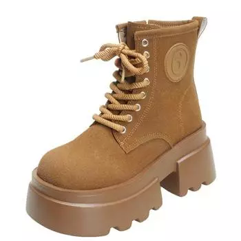 Модные женские кожаные сапоги до середины голени высотой 7,5 см на толстом каблуке, мотоциклетные ботинки с толстой подошвой и высокой платформой, короткие сапоги 35 чёрный