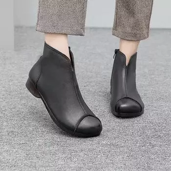 Модные женские кожаные сапоги в винтажном стиле, плоские ботильоны из мягкой коровьей кожи, женские туфли с молнией спереди, ботильоны zapatos mujer, женские сапоги 35 чёрный