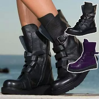 Модные женские кожаные туфли без шнуровки на низком каблуке с круглым носком, ковбойские рыцарские сапоги 35 фиолетовый