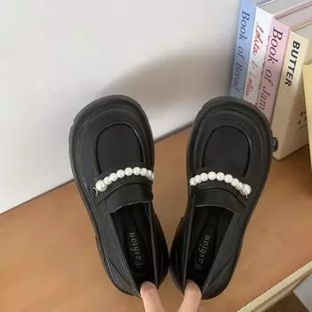 Модные женские кожаные туфли в британском стиле 2024 года, классические и универсальные женские туфли-лоферы на толстой подошве, элегантные туфли Мэри Джейн на платформе с бусинами 35