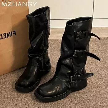 модные женские кожаные высокие сапоги массивные плиссированные туфли женские 2025 трендовые дизайнерские зимние мотоциклетные сапоги зимние новые челси Botas Mujer 35 чёрный