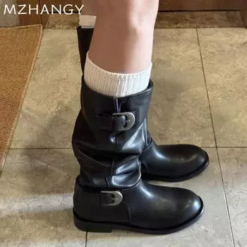 модные женские кожаные зимние сапоги до середины голени на плоской подошве с пряжкой зимняя обувь для женщин 2024 трендовые модные мотоциклетные сапоги зимние новые женские ботинки 35 чёрный
