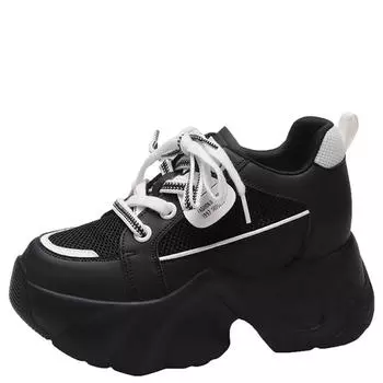 Модные женские кроссовки для ходьбы, новые осенние туфли на шнуровке, высокие туфли на платформе, дышащая сетчатая обувь, туфли на танкетке 9 см, повседневная обувь 34 чёрный