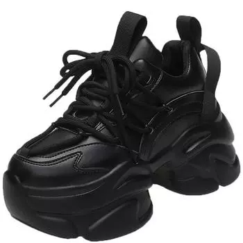 Модные женские кроссовки из массивной кожи на высокой платформе 7,5 см, спортивная обувь Ulzzang для папы, новинка 2024 года, повседневная обувь с дышащей толстой подошвой 34 чёрный