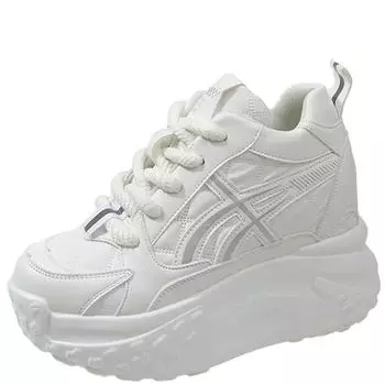 Модные женские кроссовки из толстой кожи с толстой подошвой, новинка 2024 года, массивные дышащие женские повседневные туфли, женские белые спортивные туфли на высокой платформе 10 см 34 чёрный