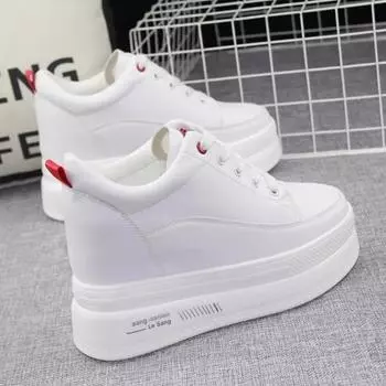 Модные женские кроссовки из вулканизированной кожи, осенние белые массивные кроссовки для женщин, скрытый каблук 10 см, 2024 г., женские кроссовки на платформе и высоком каблуке 34 белый