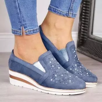 Модные женские кроссовки, летние туфли на танкетке из парусины для женщин, новые повседневные туфли большого размера, дышащие кроссовки со стразами для женщин 36 темно-синий