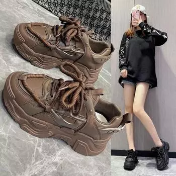 Модные женские кроссовки на массивном каблуке, зимние туфли из искусственной кожи на высоком каблуке со шнуровкой и круглым носком, женская обувь на вулканизированной платформе, большие размеры, Zapatos 35 чёрный