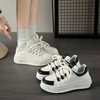 Модные женские кроссовки на массивном каблуке, зимние туфли из искусственной кожи на высоком каблуке со шнуровкой и квадратным носком, женская обувь на вулканизированной платформе, большие размеры 35 чёрный