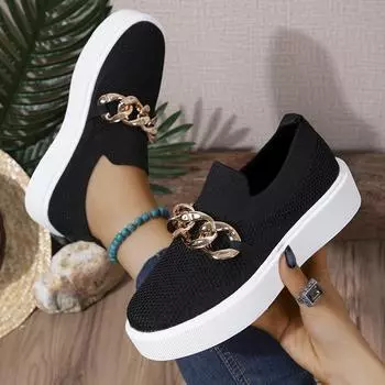 Модные женские кроссовки на платформе с цепочкой, без застежек, на толстой подошве, женские, размер плюс 44, дышащая сетка, нескользящая, повседневная обувь 36 чёрный