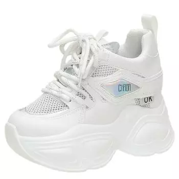 Модные женские кроссовки на толстой подошве 2024 года, повседневная обувь из дышащей сетки на танкетке высотой 9 см, туфли на платформе, женские спортивные туфли для папы 34 белый