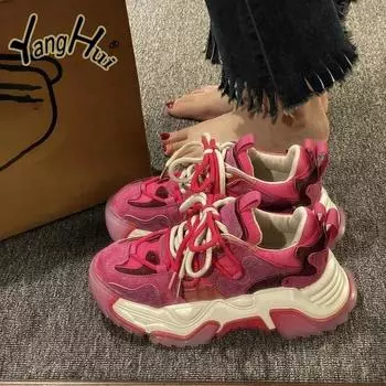 Модные женские кроссовки на толстой подошве 2024 года, новые модные летние новые яркие цвета с увеличенным подъемом, повседневные спортивные кроссовки для бега для женщин 35 розы красного