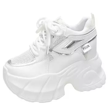 Модные женские кроссовки на толстой подошве 2024 года, летние повседневные туфли из дышащей сетки на танкетке 10 см, туфли на платформе, женские спортивные туфли для папы 34 чёрный