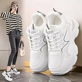 модные женские кроссовки на высоком каблуке разных цветов с дышащей сеткой, увеличивающие высоту, вулканизированные туфли женские кроссовки на толстой подошве со шнуровкой 35 бежевый