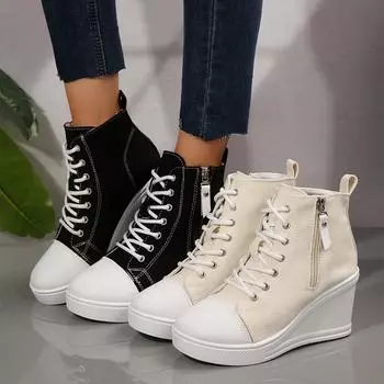 Модные женские кроссовки, новые модные легкие парусиновые туфли для женщин, повседневные дышащие кроссовки на платформе с увеличенной танкеткой для женщин 35 бежевый