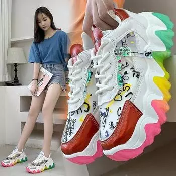 Модные женские кроссовки Rainbow Color Shunky Sneakers 7 см на шнуровке на платформе Повседневная обувь Женская обувь из вулканизированной кожи Дизайнерские кроссовки для пап 35
