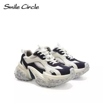 Модные женские кроссовки с круглым носком на шнуровке, удобные повседневные туфли на толстой подошве 35 темно-синий