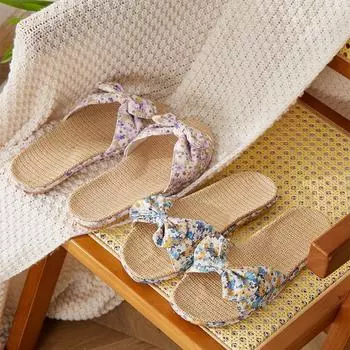 Модные женские льняные тапочки с цветочным бантом 35 фиолетовый