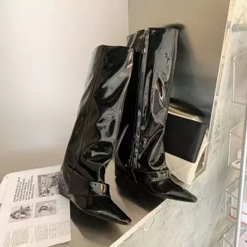 Модные женские лакированные сапоги выше колена, новые женские остроносые высокие сапоги с застежкой-молнией сбоку, черные туфли на высоком каблуке для вечеринок 35 чёрный