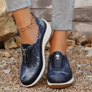 Модные женские легкие кроссовки на танкетке 2024 года, удобные повседневные кроссовки с молнией спереди, толстая подошва 36 темно-синий