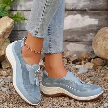 Модные женские легкие кроссовки на танкетке 2024 года, удобные повседневные кроссовки с молнией спереди, толстая подошва 36 синий