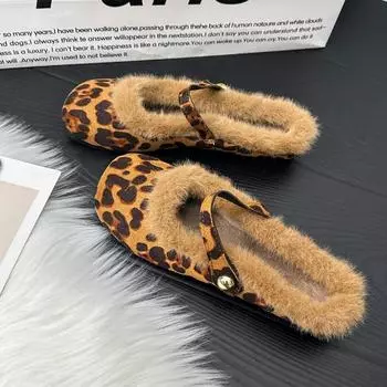 модные женские леопардовые меховые мокасины замшевые тапочки зимние плюшевые туфли с квадратным носком брендовые туфли Marie Janes 2025 тренд мода уютные туфли Zapatos Mujer 35 чёрный