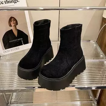 модные женские леопардовые туфли на плоской подошве на платформе замшевые ботильоны для снега модная повседневная обувь женская брендовая зима 2025 тренд уютные теплые ботинки женские 35 чёрный