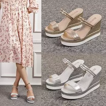 Модные женские летние босоножки на танкетке Дизайнерские босоножки на платформе с открытым носком Повседневная обувь на платформе 2024 Высокие каблуки для женщин 35 золотой