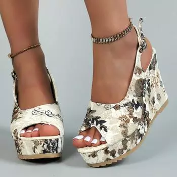 Модные женские летние босоножки на танкетке с высоким каблуком и принтом, женские босоножки с открытым носком и толстой платформой, сандалии-гладиаторы с пряжкой на толстой подошве, женские босоножки 36 чёрный