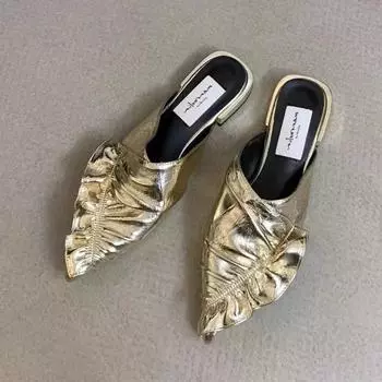 модные женские летние новые модные плиссированные дизайнерские плоские удобные мюли с острым носком, без застежек, для вечеринок, для улицы, женские сандалии 35 чёрный