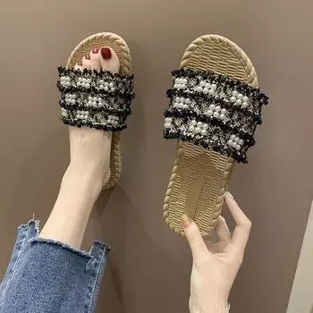 модные женские летние новые универсальные сетчатые красные жемчужные пляжные сандалии с плоской подошвой в одну линию милые легкие нескользящие дышащие модные 35 чёрный