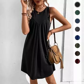 Модные женские летние однотонные платья А-силуэта с V-образным вырезом без рукавов облегающее платье-жилет S чёрный