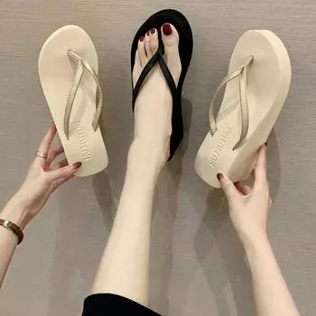 Модные женские летние пляжные шлепанцы на танкетке, легкие босоножки на платформе с клипсой, женские туфли на высоком каблуке для отдыха на открытом воздухе 36 бежевый