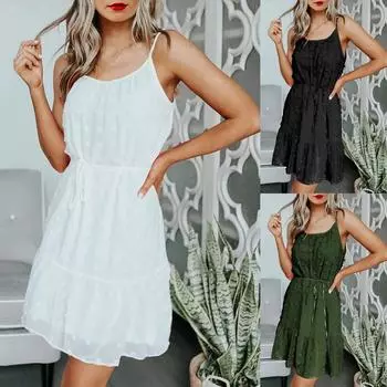 Модные женские летние повседневные плиссированные короткие платья с высокой талией S чёрный