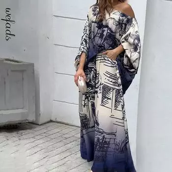 Модные женские летние повседневные пуловеры с принтом и рукавами-фонариками, свободные широкие брюки с карманами, комплекты брюк XL синий