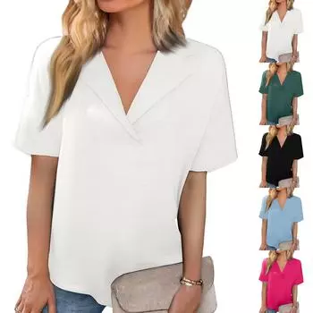 Модные женские летние повседневные свободные однотонные топы с короткими рукавами и лацканами XL