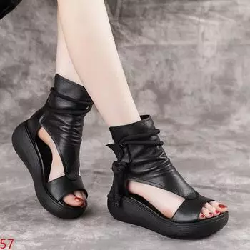 модные женские летние римские сандалии сапоги 2024 года туфли на танкетке на среднем каблуке женские винтажные сандалии из искусственной кожи Mujer Sapato Feminino 35 коричневый